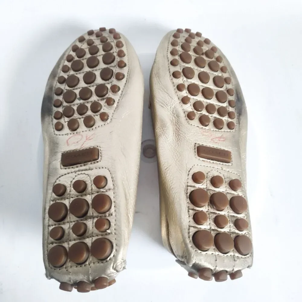 Coach Penny‎ Loafers Size 7 Logo Leather Slip On Flats Napoleon Metallic Gold